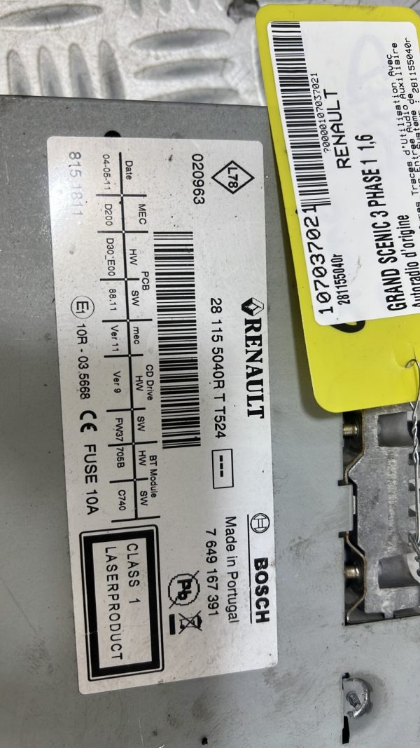 Autoradio d’origine RENAULT GRAND SCENIC 3 PHASE 1 – 281155040r